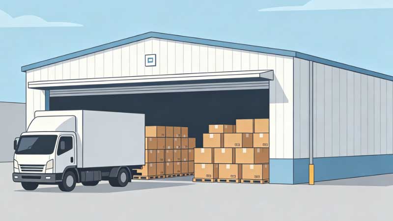 Bonded warehouse facility with inventory management dashboard showing 2-year storage period approval